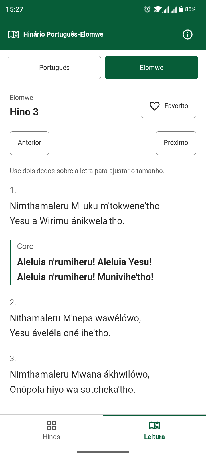 Ecrã de leitura de um hino no Hinário Português-Elomwe